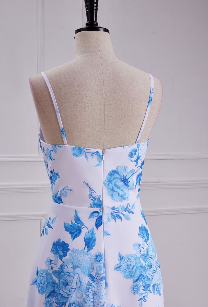 Blue Floral Print A Line Spaghetti Strap Dress Chiffon Prom Dress