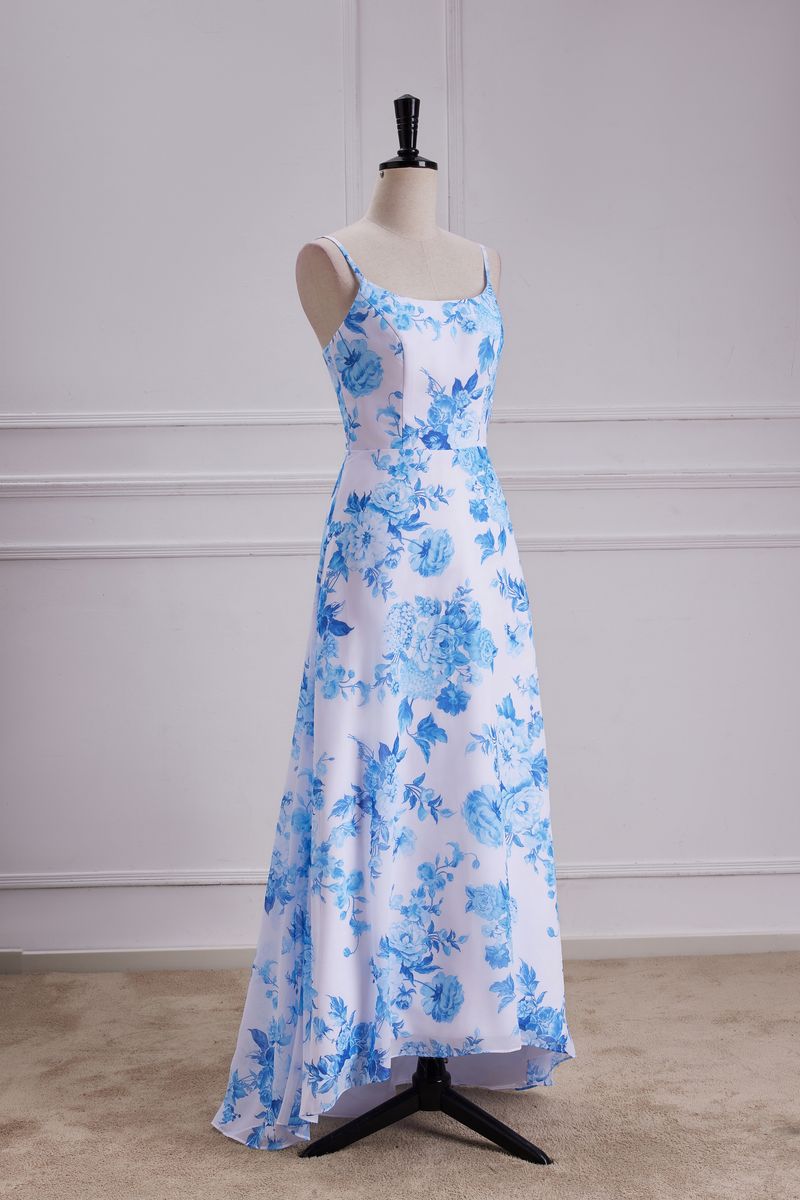 Blue Floral Print A Line Spaghetti Strap Dress Chiffon Prom Dress