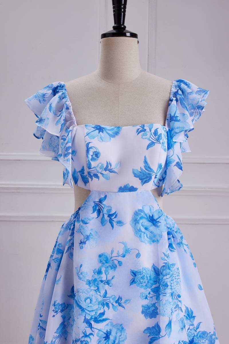 Sweet Blue Floral Print A Line Backless Ruffles Prom Dress