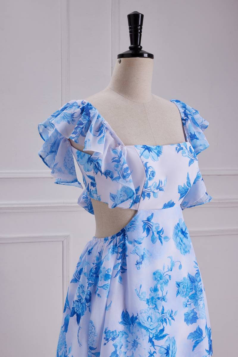 Sweet Blue Floral Print A Line Backless Ruffles Prom Dress