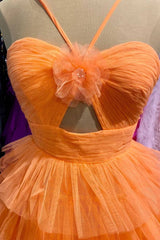 Orange Straps Keyhole Layered Tulle Homecoming Dress with Flower