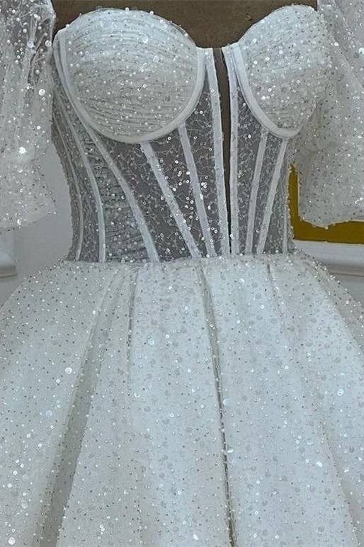 Sweetheart White Sequin Short Homecoming Dress with Puff Sleeves