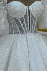Sweetheart White Sequin Short Homecoming Dress with Puff Sleeves