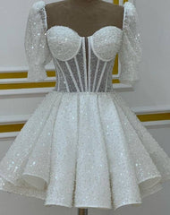 Sweetheart White Sequin Short Homecoming Dress with Puff Sleeves
