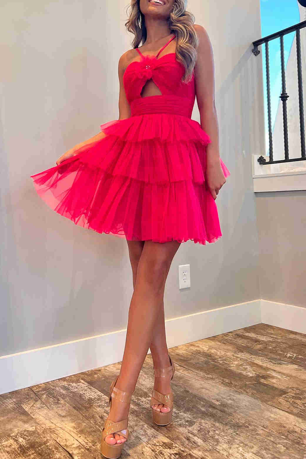 Orange Straps Keyhole Layered Tulle Homecoming Dress with Flower