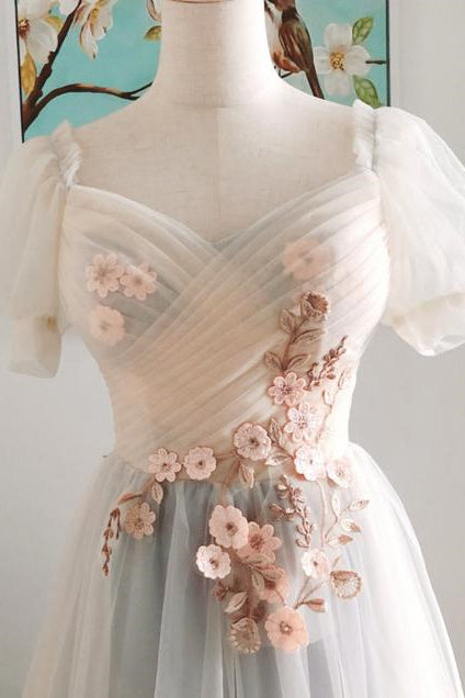 A-Line Short Sleeves Floral Grey Long Prom Dress