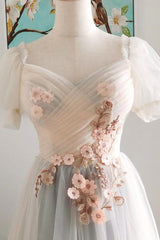 A-Line Short Sleeves Floral Grey Long Prom Dress