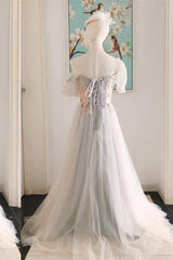 A-Line Short Sleeves Floral Grey Long Prom Dress