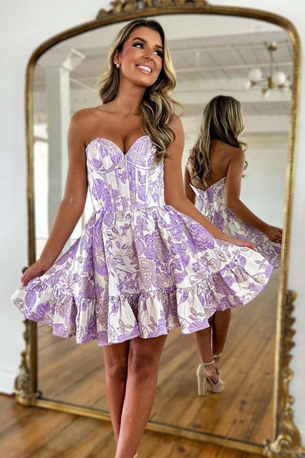 A-Line Floral Homecoming Dress with Ruffle Hem