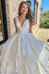 White V-Neck Backless A-Line Striped Wedding Dress