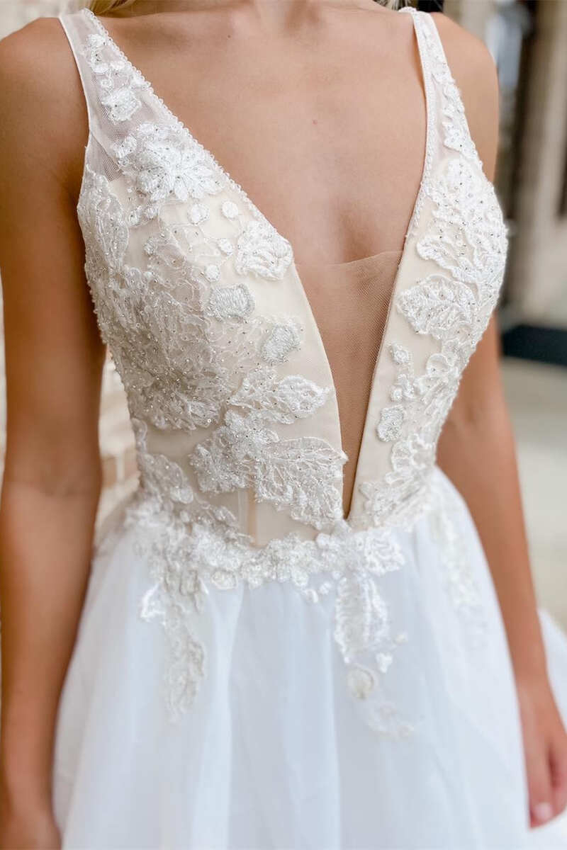 White Lace Plunge V Backless A-Line Long Wedding Dress