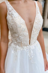 White Lace Plunge V Backless A-Line Long Wedding Dress