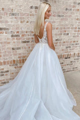 White Lace Plunge V Backless A-Line Long Wedding Dress