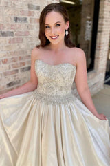 Beading Strapless A-Line Long Wedding Dress