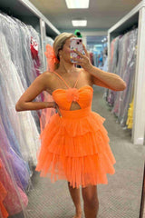 Orange Straps Keyhole Layered Tulle Homecoming Dress with Flower