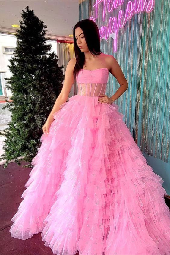 Gold Strapless Sequin Ruffle Layered Long Prom Dress