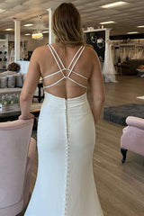 White Plunge V Lace-Up Back Mermaid Long Wedding Dress