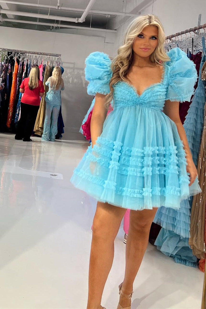 Orange A-line Ruffled Puff Sleeves Homecoming Dress