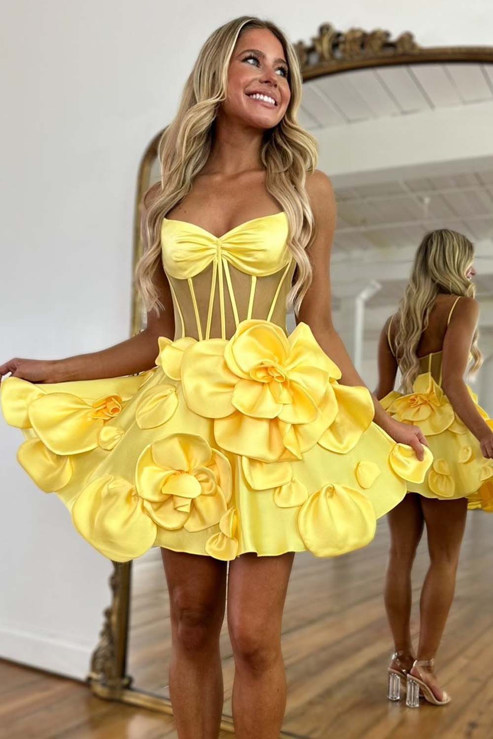 Cute Sheer Corset Bodice 3D Flowers Homecoming Dress