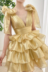 Gold Tiered Homecoming Dress with Strap Bow
